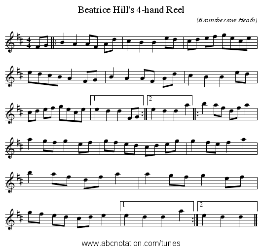 Beatrice Hill's 4-hand Reel - staff notation