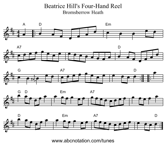 Beatrice Hill's Four-Hand Reel - staff notation
