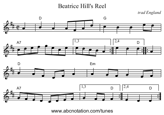 Beatrice Hill's Reel - staff notation