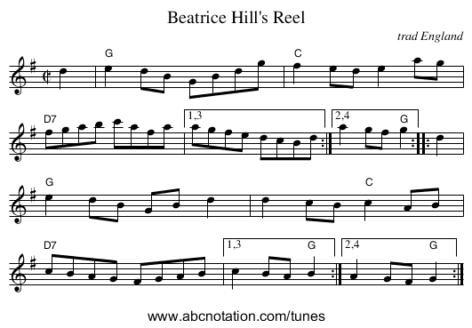 Beatrice Hill's Reel - staff notation