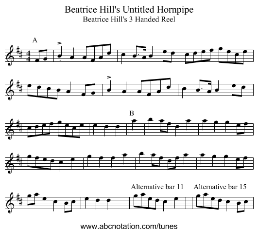 Beatrice Hill's Untitled Hornpipe - staff notation