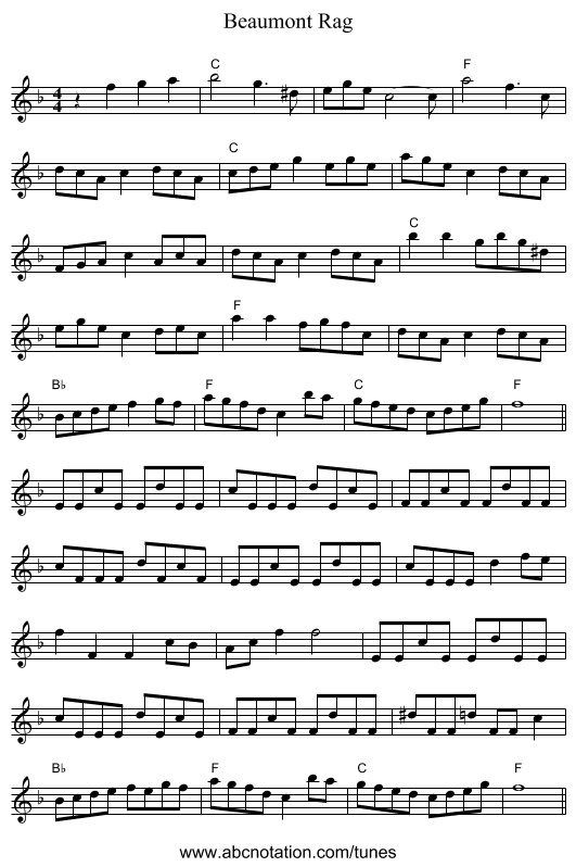Beaumont Rag - staff notation
