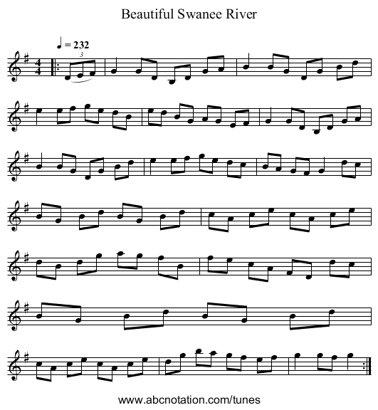Beautiful Swanee River - staff notation
