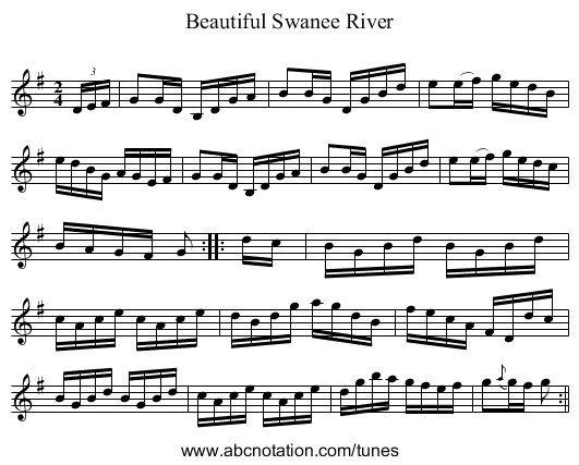 Beautiful Swanee River - staff notation