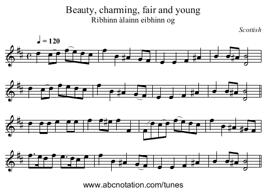 Beauty, charming, fair and young - staff notation