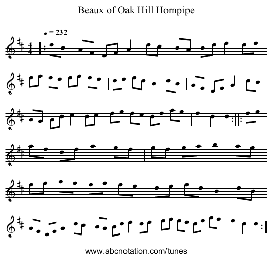 Beaux of Oak Hill Hornpipe - staff notation