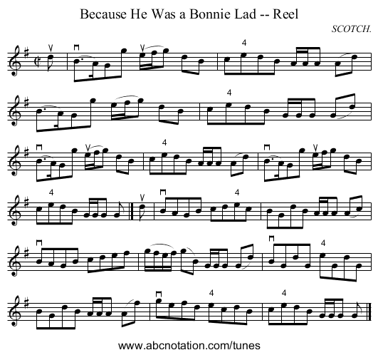 Because He Was a Bonnie Lad -- Reel - staff notation