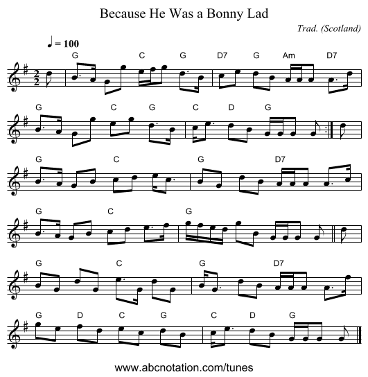 Because He Was a Bonny Lad - staff notation