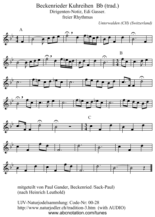 Beckenrieder Kuhreihen Bb (trad.) - staff notation
