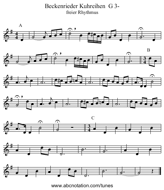 Beckenrieder Kuhreihen  G 3- - staff notation