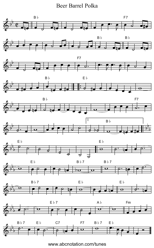 Beer Barrel Polka - staff notation