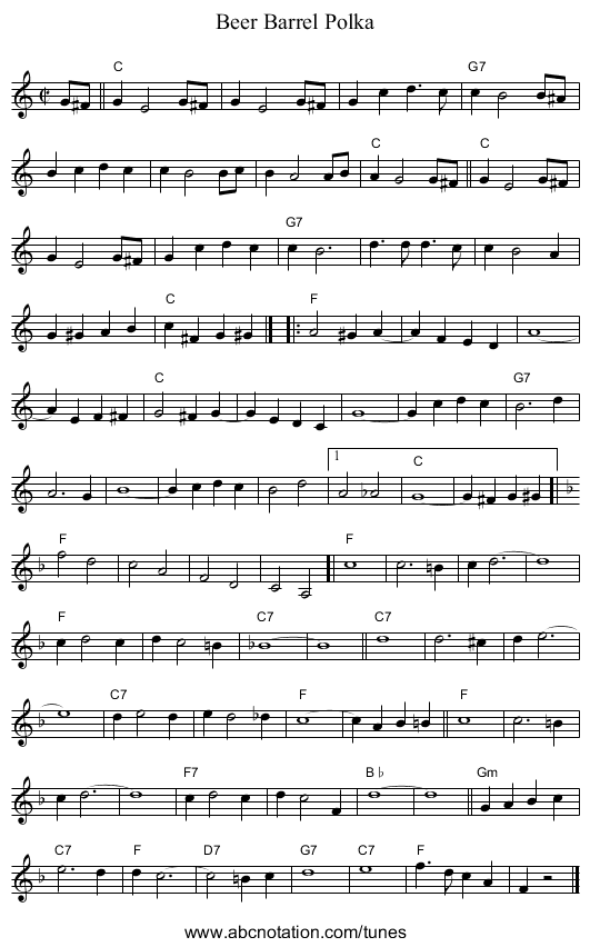 Beer Barrel Polka - staff notation