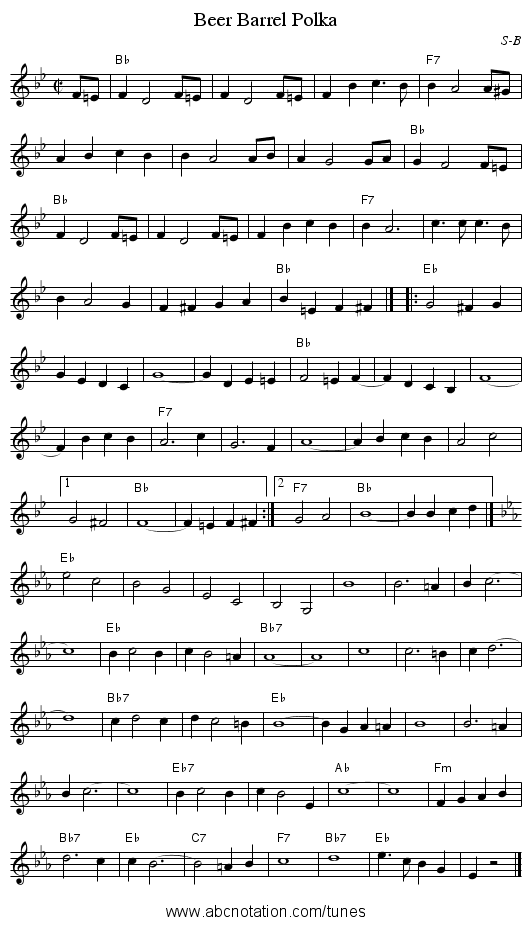 Beer Barrel Polka - staff notation