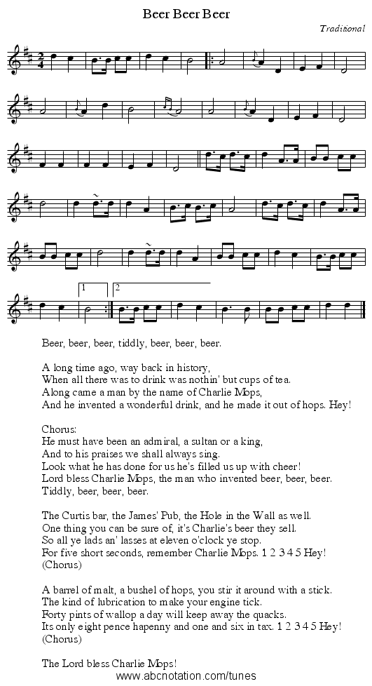 Beer Beer Beer - staff notation