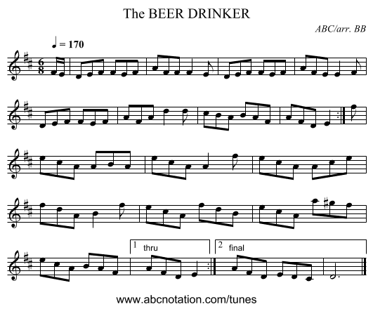 BEER DRINKER, The - staff notation