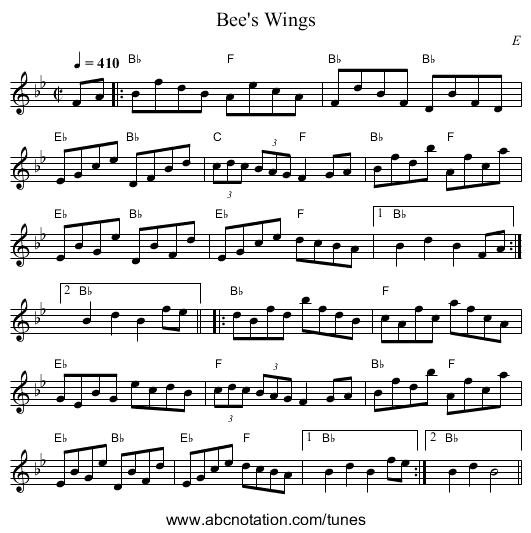 Bee's Wings - staff notation