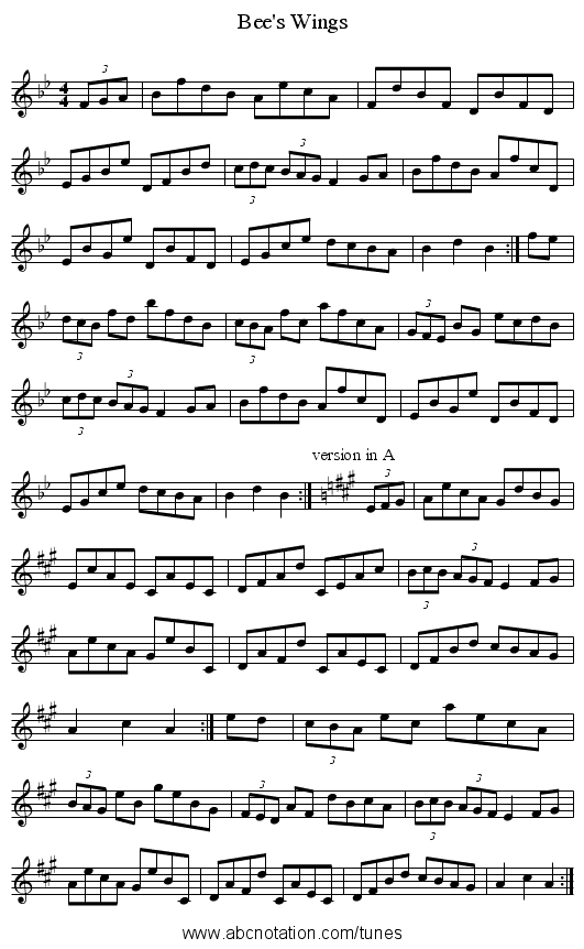 Bee's Wings - staff notation