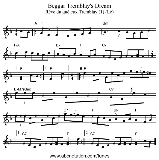 Beggar Tremblay's Dream - staff notation