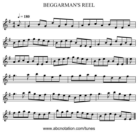 BEGGARMAN'S REEL - staff notation