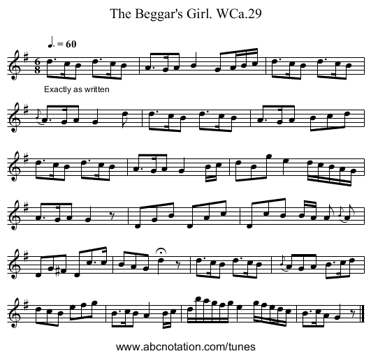 Beggar's Girl. WCa.29, The - staff notation