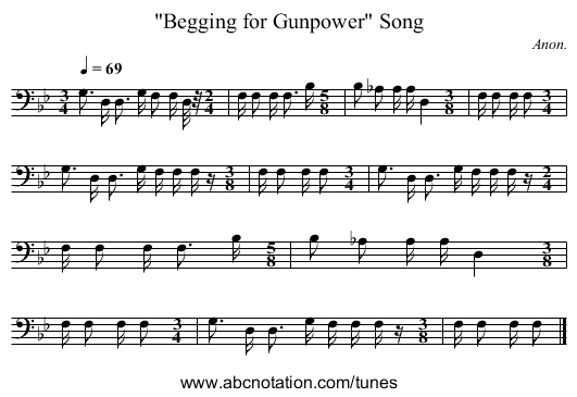 Begging for Gunpower Song - staff notation