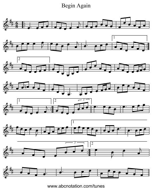 Begin Again - staff notation