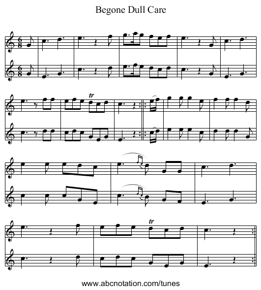 Begone Dull Care - staff notation