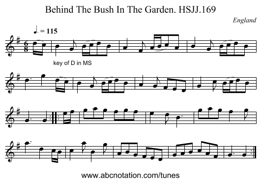 Behind The Bush In The Garden. HSJJ.169 - staff notation