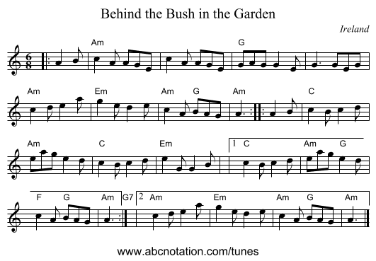 Behind the Bush in the Garden - staff notation