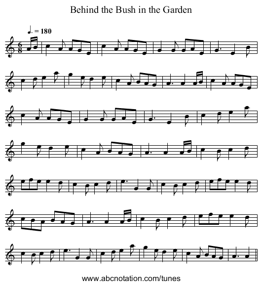 Behind the Bush in the Garden - staff notation