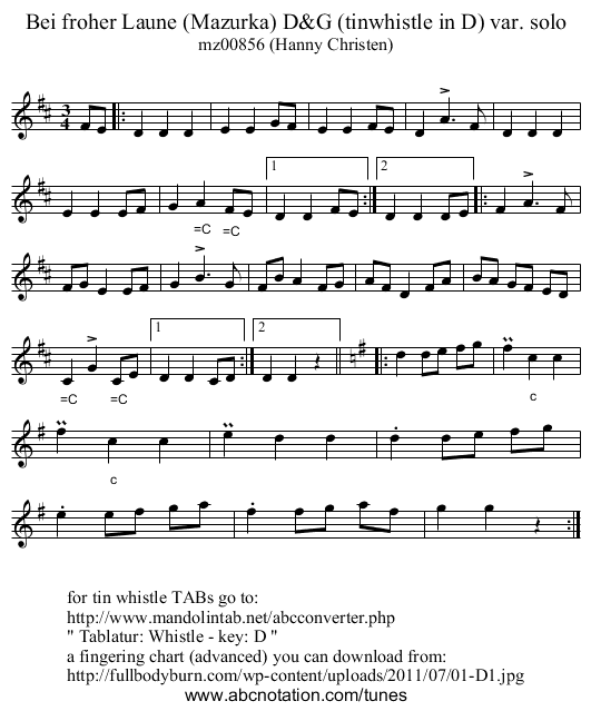 Bei froher Laune (Mazurka) D&G (tinwhistle in D) var. solo - staff notation