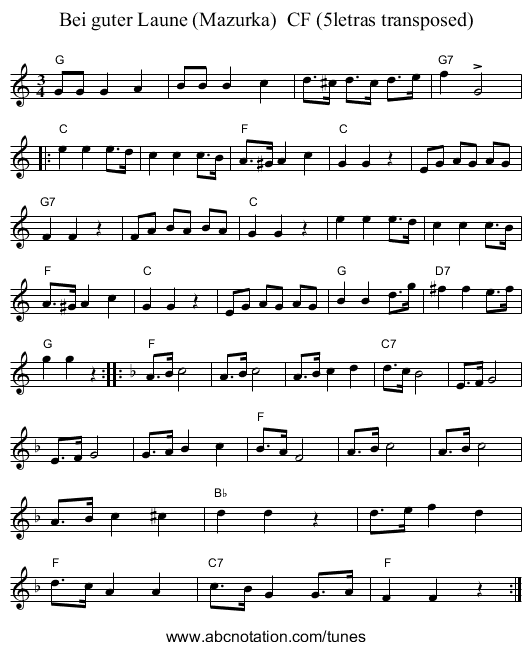 Bei guter Laune (Mazurka)  CF (5letras transposed) - staff notation