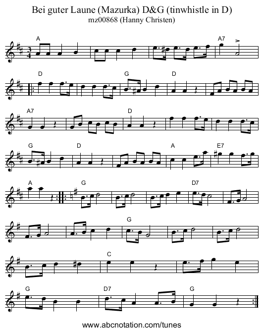 Bei guter Laune (Mazurka) D&G (tinwhistle in D) - staff notation