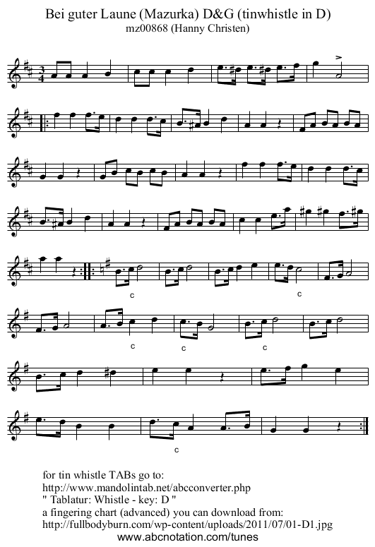 Bei guter Laune (Mazurka) D&G (tinwhistle in D) - staff notation