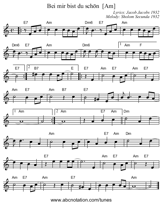 Bei mir bist du sch&ouml;n  [Am] - staff notation