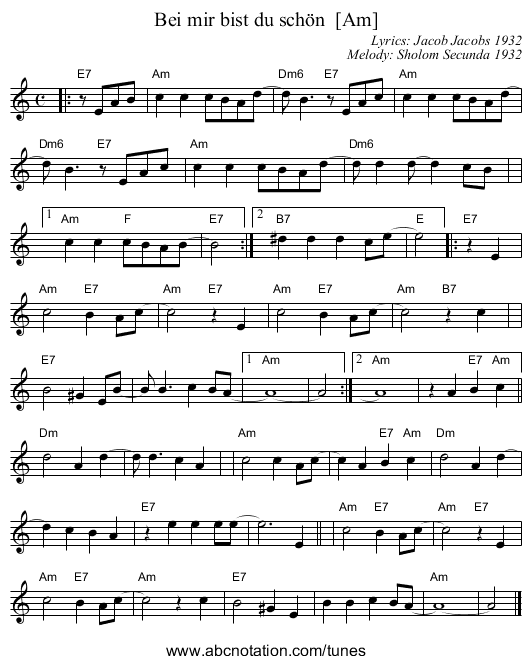 Bei mir bist du sch&ouml;n  [Am] - staff notation