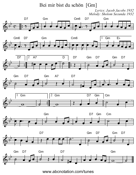 Bei mir bist du sch&ouml;n  [Gm] - staff notation