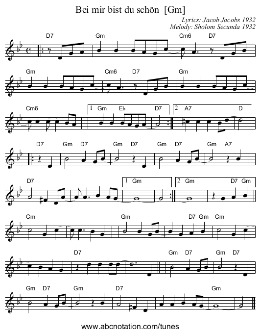 Bei mir bist du sch&ouml;n  [Gm] - staff notation