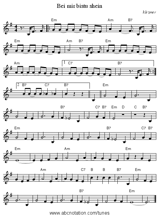 Bei mir bistu shein - staff notation