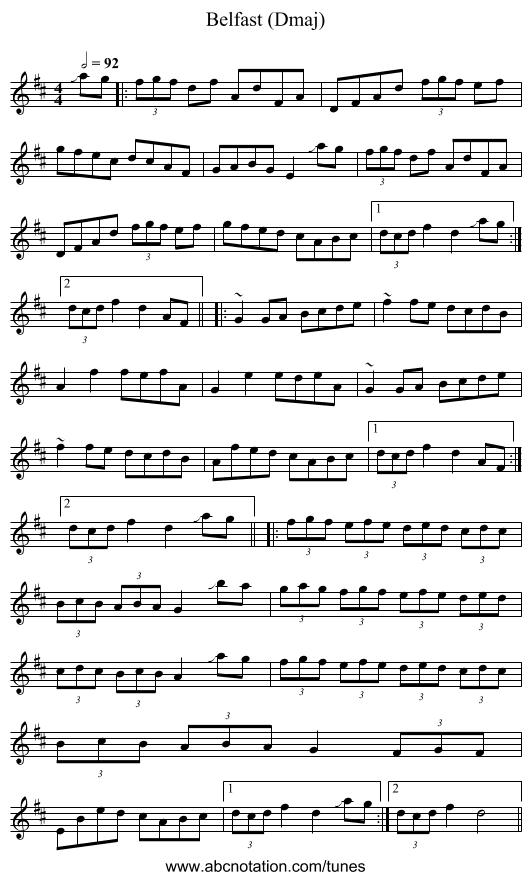 Belfast (Dmaj) - staff notation