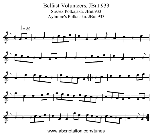 Belfast Volunteers. JBut.933 - staff notation