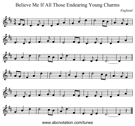Believe Me If All Those Endearing Young Charms - staff notation