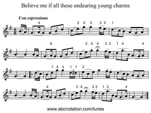 Believe me if all those endearing young charms - staff notation