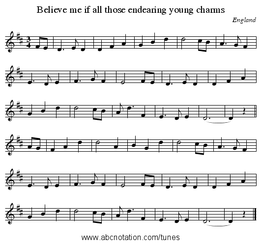 Believe me if all those endearing young charms - staff notation