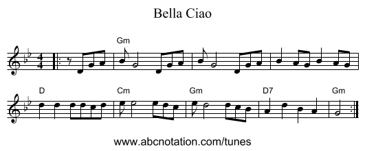 Bella Ciao - staff notation