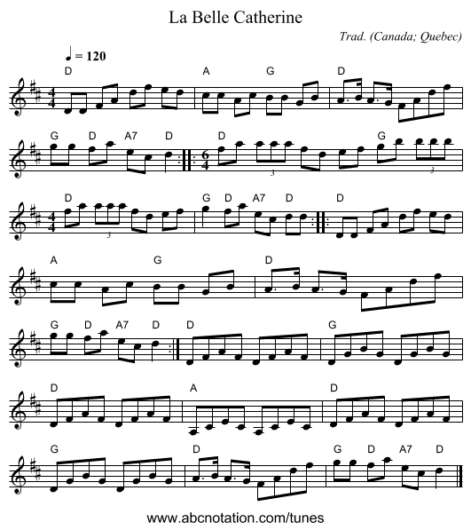 Belle Catherine, La - staff notation