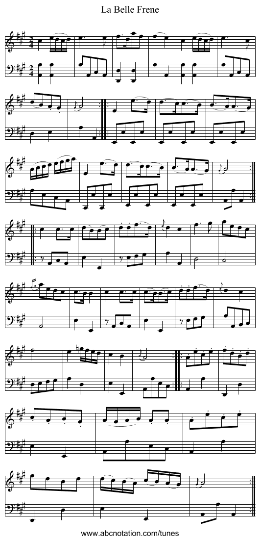 Belle Frene, La - staff notation