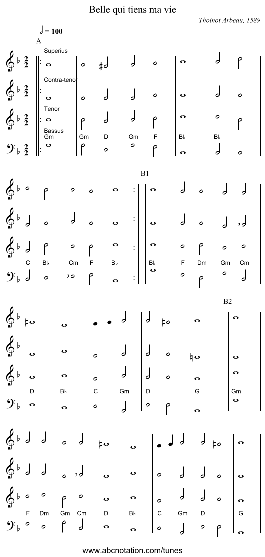 Belle qui tiens ma vie - staff notation