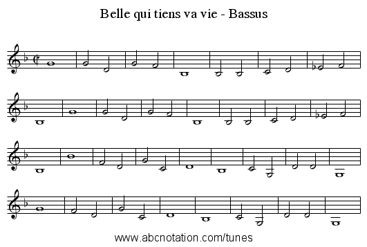 Belle qui tiens va vie - Bassus - staff notation