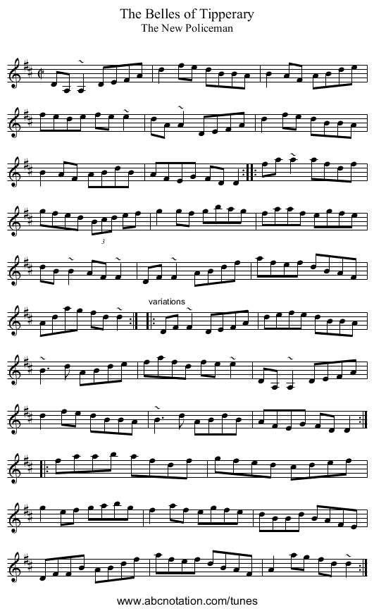 Belles of Tipperary, The - staff notation